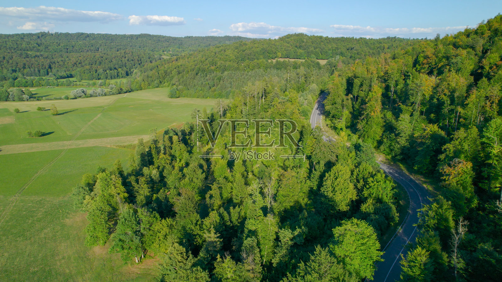航拍:柏油路蜿蜒穿过山坡上郁郁葱葱的森林区域照片摄影图片