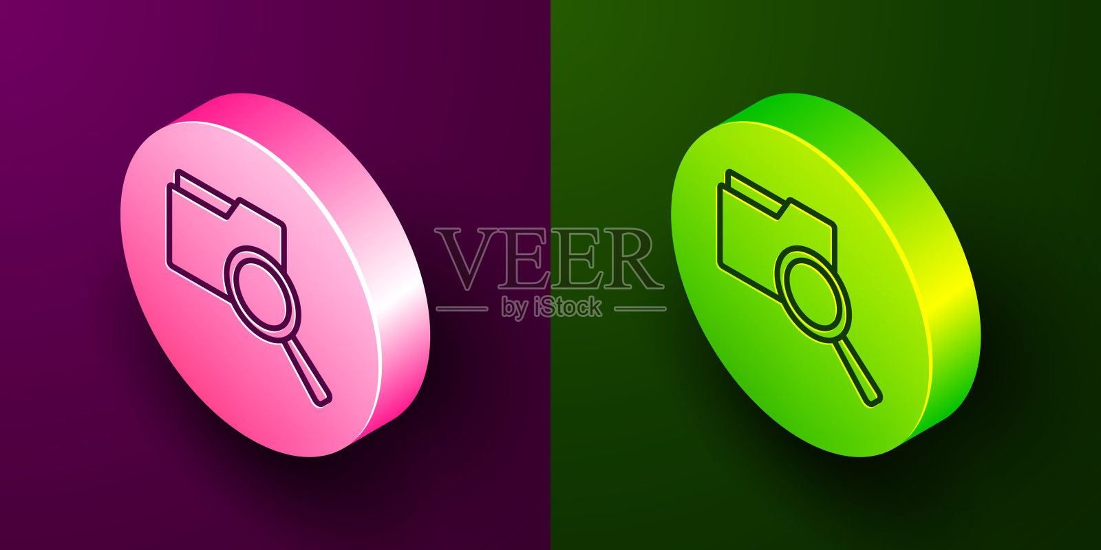 等距线搜索概念与文件夹图标隔离在紫色和绿色的背景。放大镜和文件。数据和信息标志。圆按钮。向量插画图片素材