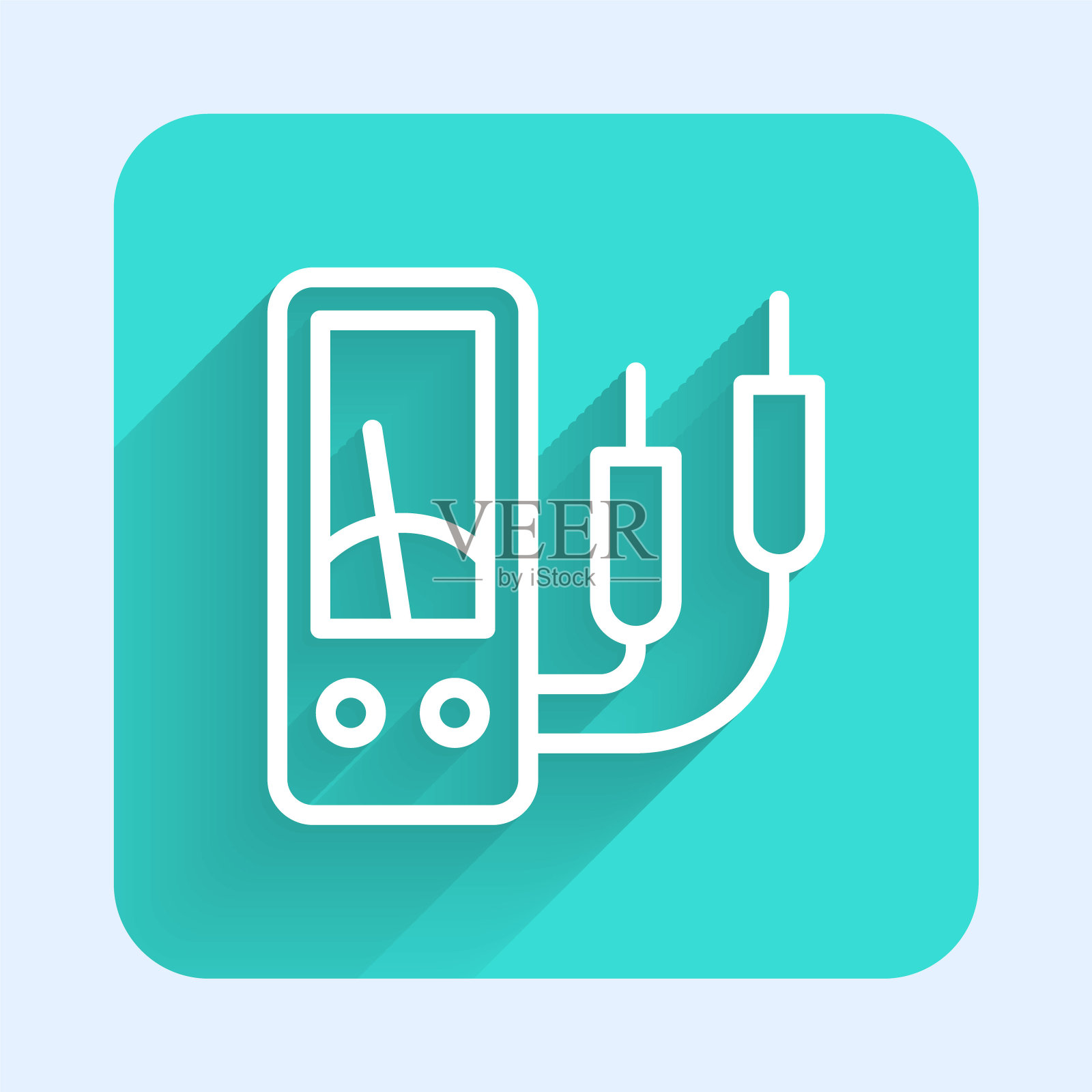 白线安培表，万用表，电压表图标隔离与长阴影背景。测量电流的仪器。绿色方形按钮。向量插画图片素材