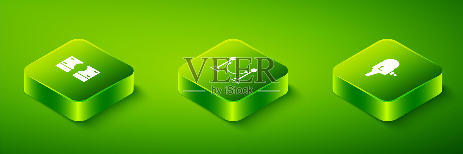 设置等距绳屏障，复古电影相机和堆栈纸币现金图标。向量插画图片素材