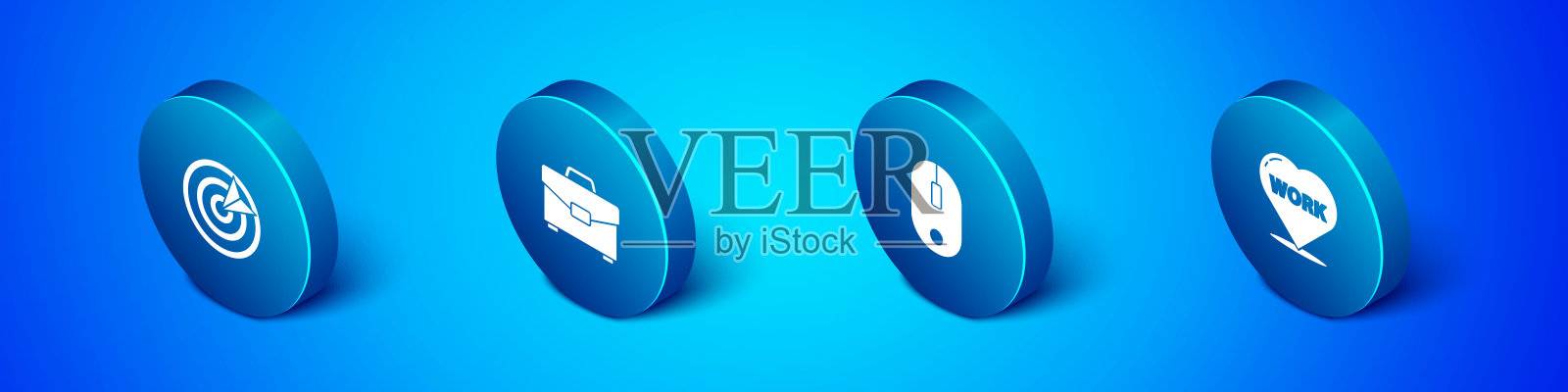 设置等距目标运动，电脑鼠标，心脏与文字工作和公文包图标。向量插画图片素材