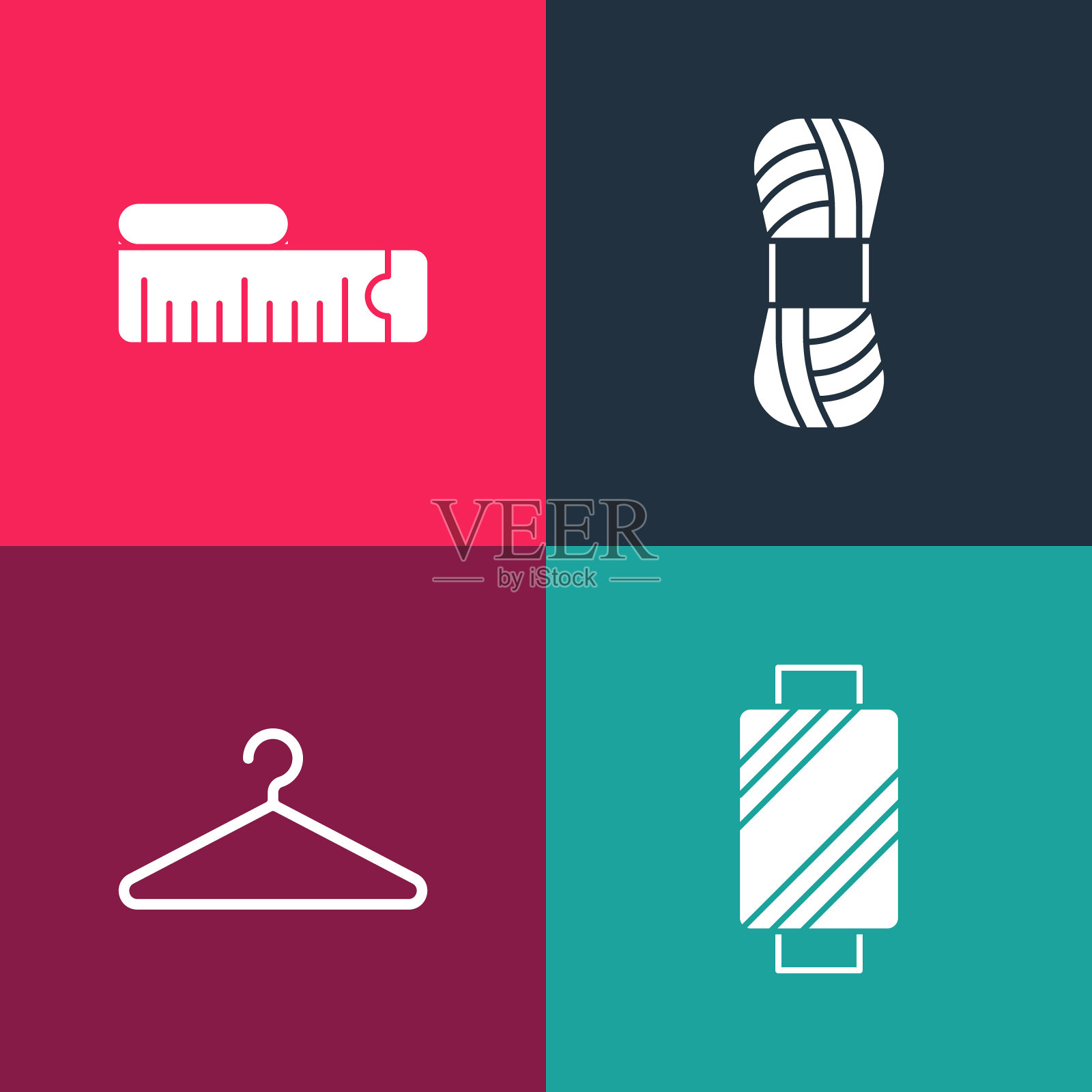 设置流行艺术缝纫线线轴，衣架衣柜，纱线和卷尺测量图标。向量插画图片素材