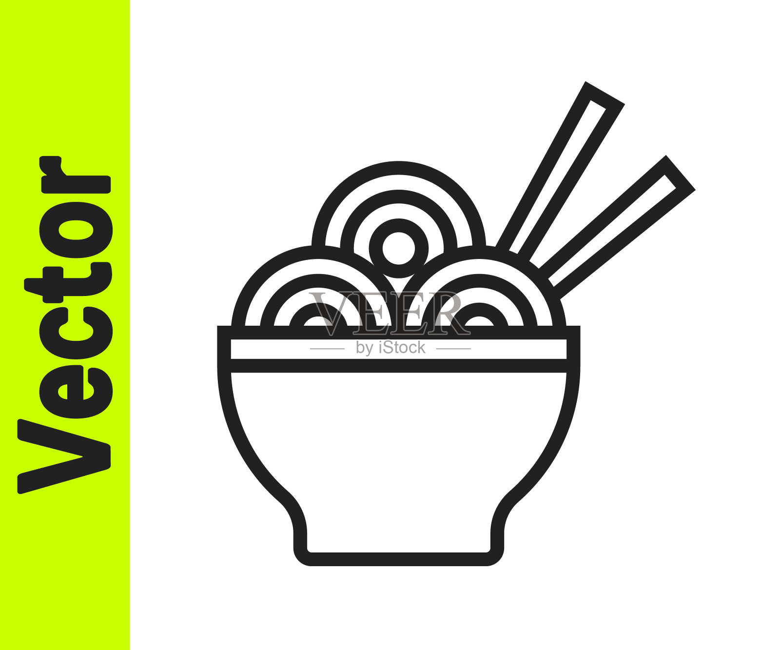 黑线亚洲面条在碗和筷子图标孤立的白色背景。街头快餐。向量插画图片素材