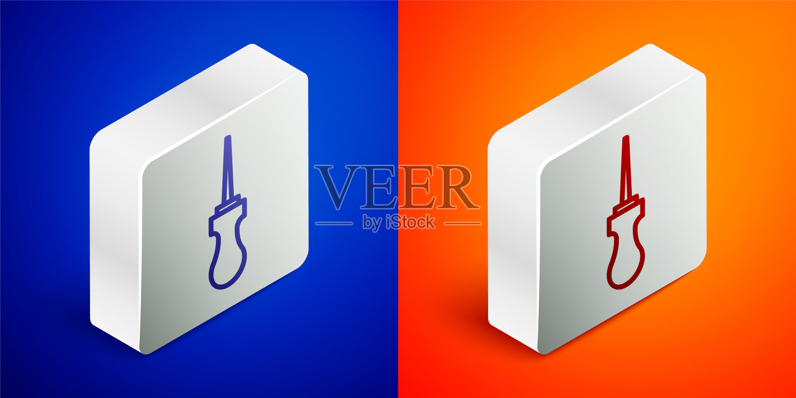 等距线锥子工具与木柄图标隔离在蓝色和橙色背景。工作设备裁缝业。银色方形按钮。向量插画图片素材