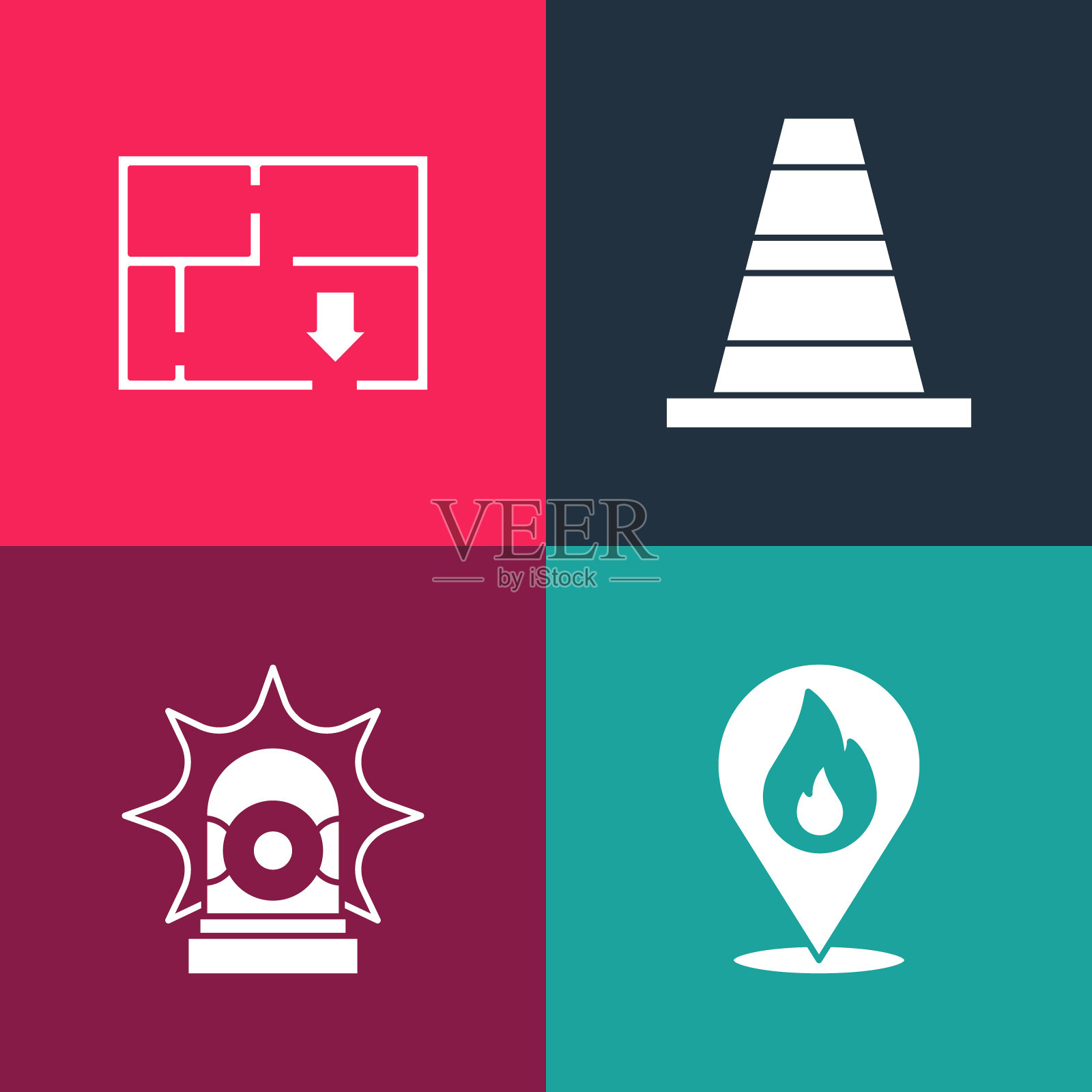 设置流行艺术位置火焰，闪光警报器，交通锥和疏散计划图标。向量插画图片素材