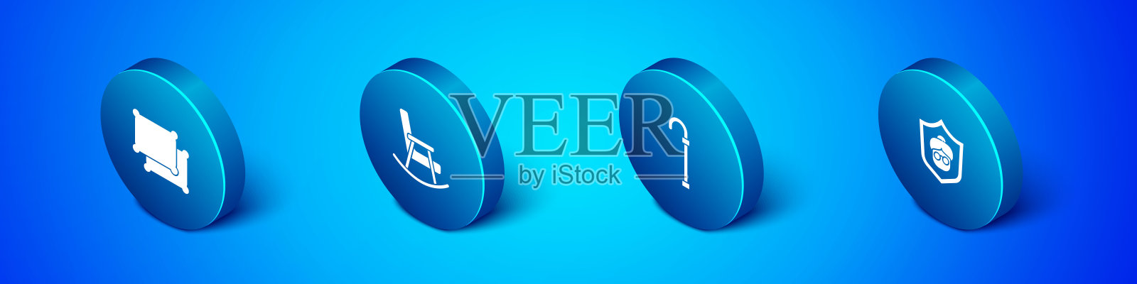 设置等距枕头，手杖手杖，祖母和摇椅图标。向量插画图片素材