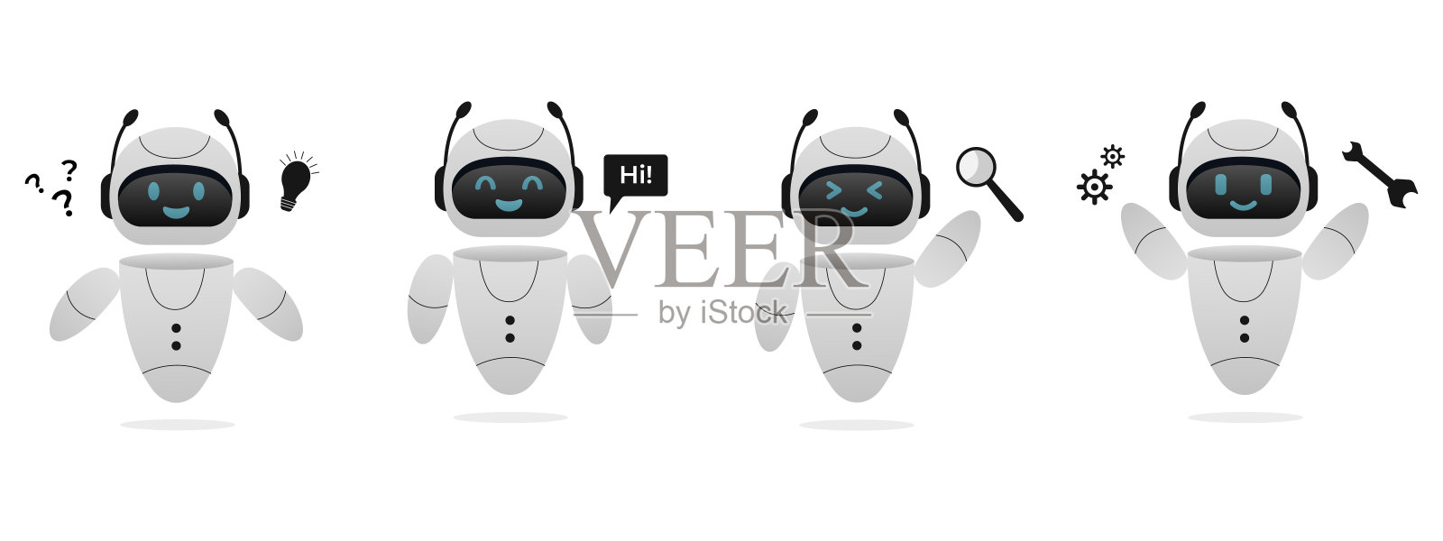 聊天机器人神经网络、人工智能服务器和机器人技术。可爱的聊天机器人ai角色。插画图片素材