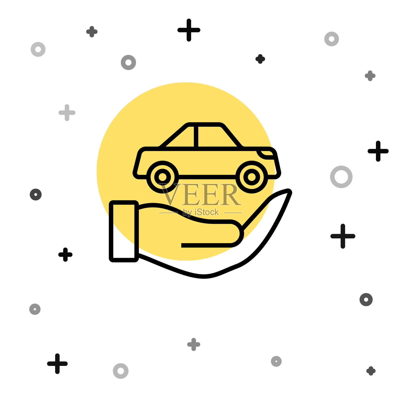 黑线汽车保险图标孤立的白色背景。保险的概念。安全、安全、保护、保护的理念。随机动态形状。向量插画图片素材