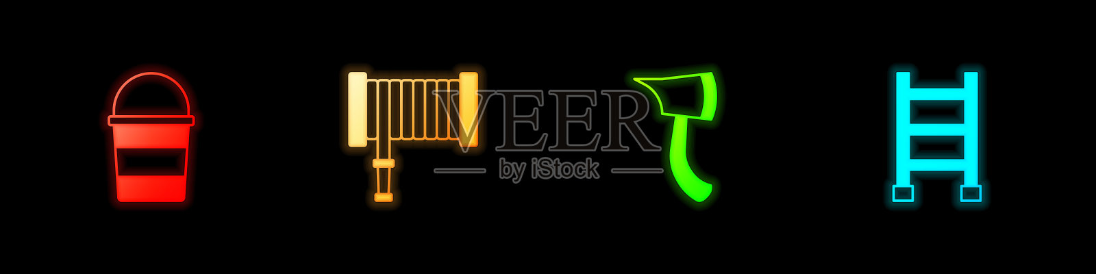 设置消防桶，软管卷轴，消防斧和逃生图标。向量插画图片素材