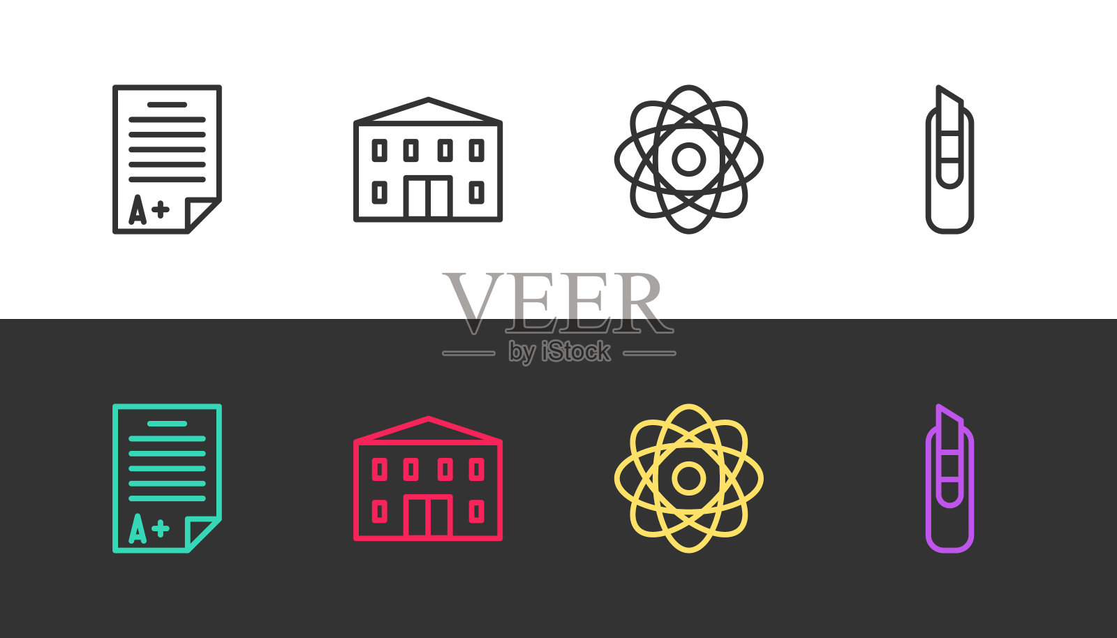 在黑白纸上设置A +成绩，校舍，原子和文具刀。向量插画图片素材