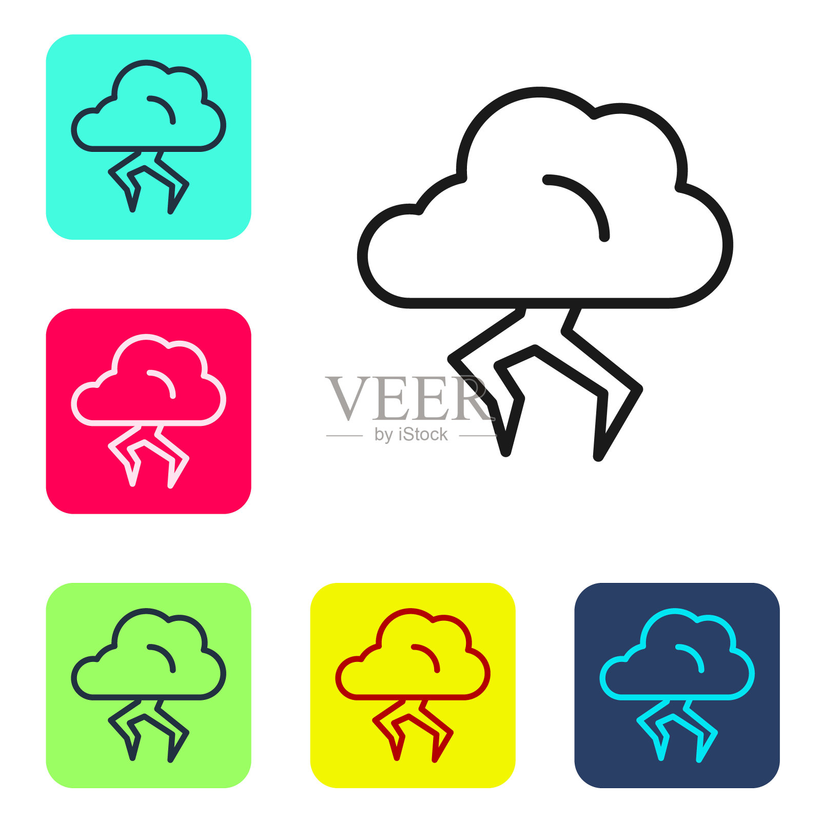 黑线风暴图标孤立在白色背景。云和闪电的标志。风暴的天气标志。设置图标为彩色方形按钮。向量插画图片素材