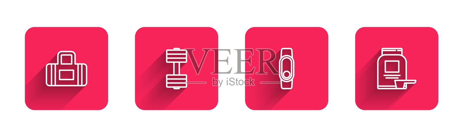 产品系列:运动包、哑铃、智能手表、运动营养品。红色方块按钮。向量插画图片素材