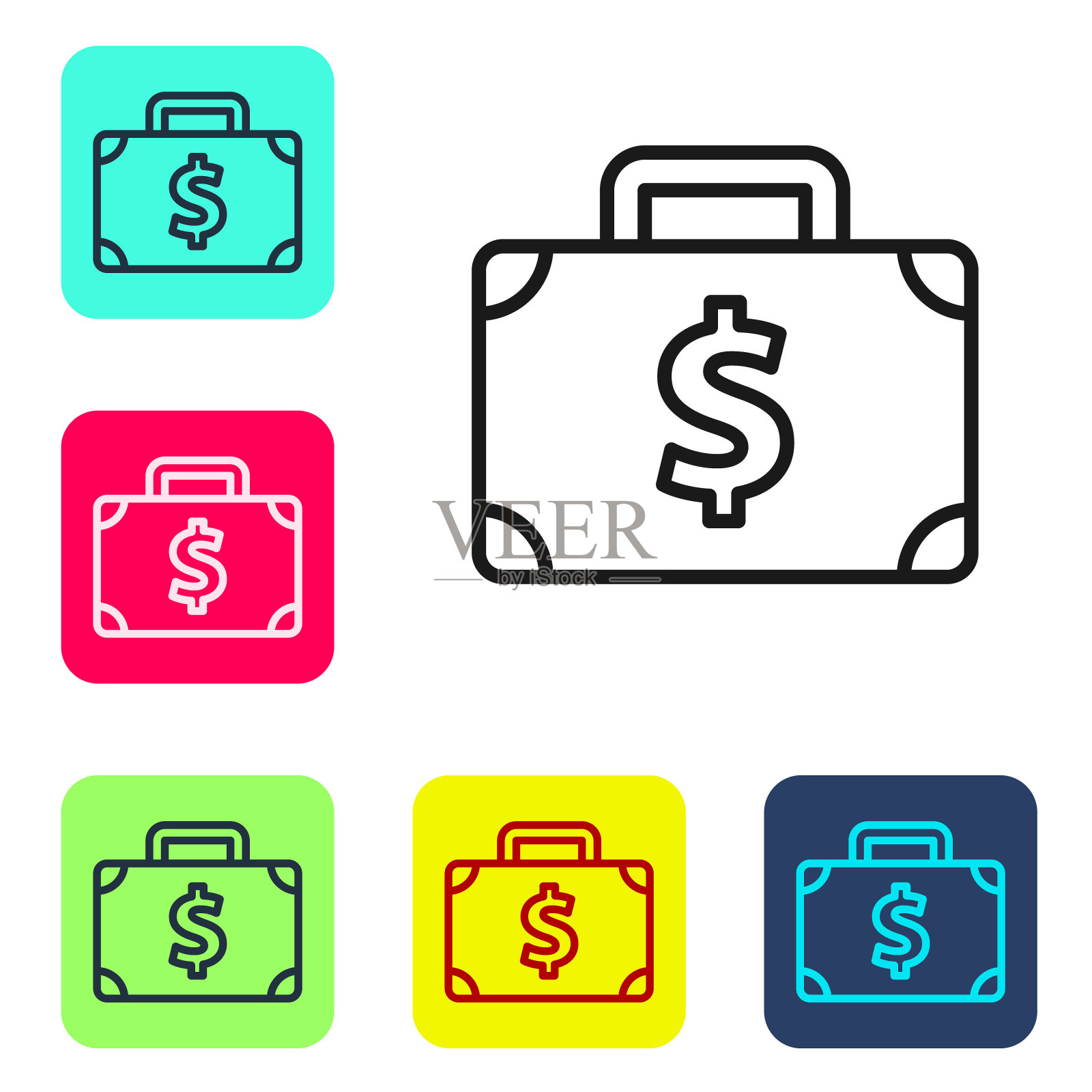黑线公文包和金钱图标孤立在白色背景。商业案例标志。业务组合。设置图标为彩色方形按钮。向量插画图片素材