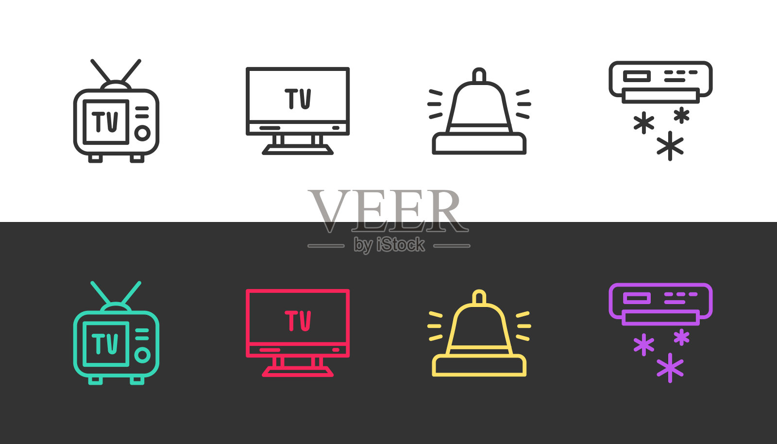 设置黑白复古电视、智能电视、酒店服务铃和空调。向量插画图片素材