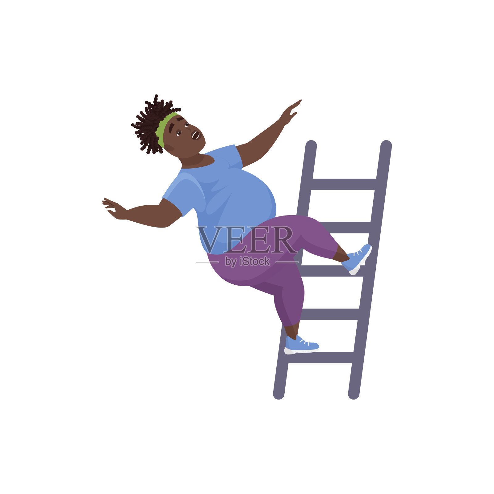 超重的人爬上梯子，身材矮小的人跌跌撞撞插画图片素材