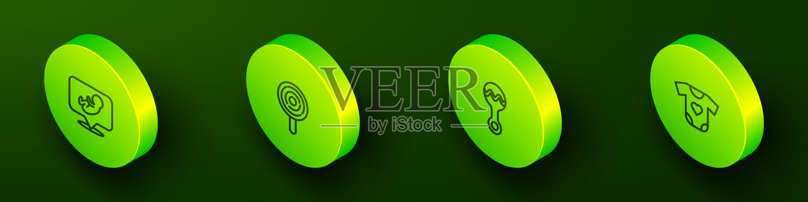 设定等距线婴儿，棒棒糖，摇铃婴儿玩具和衣服图标。向量插画图片素材