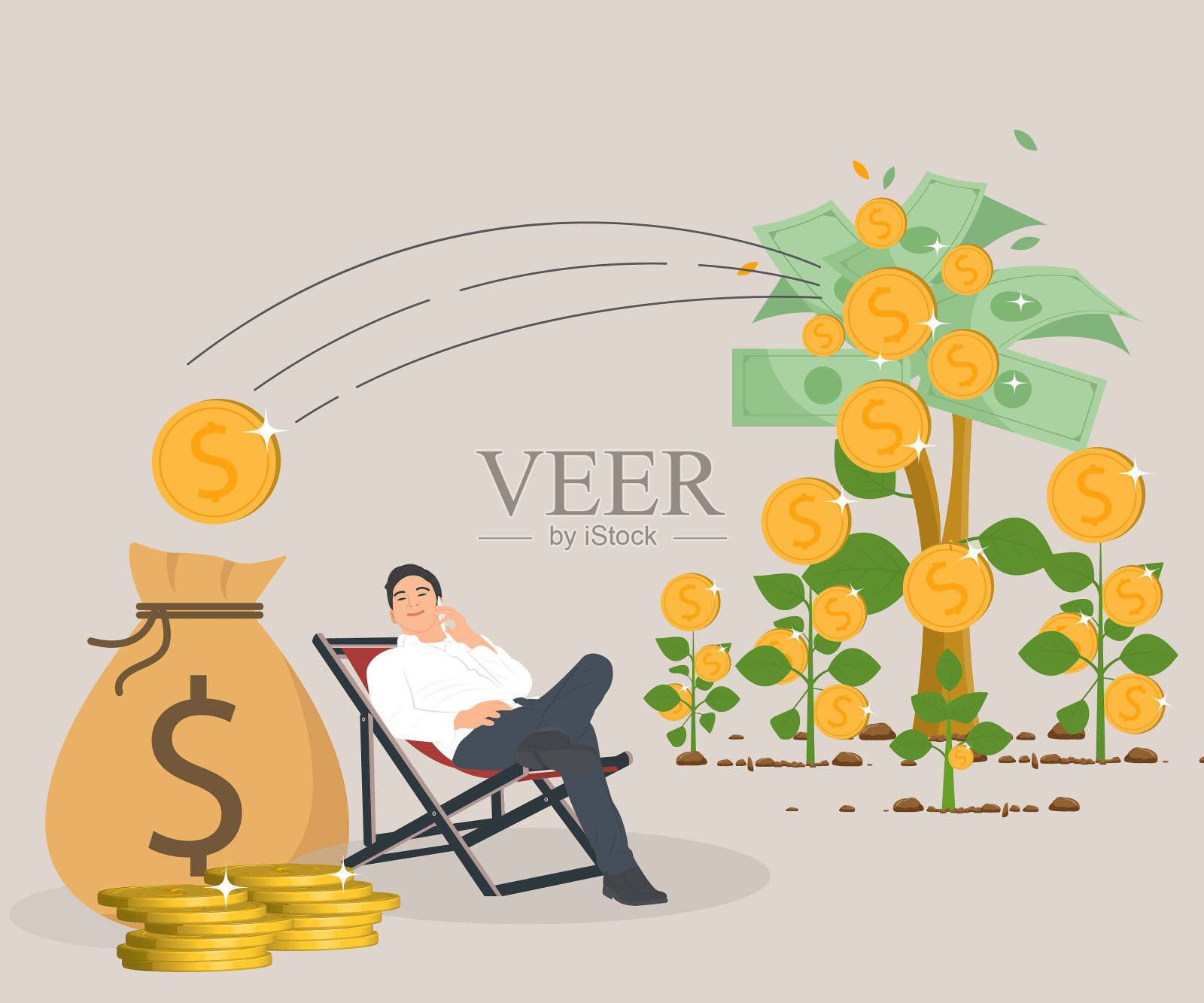 一个年轻的商人愉快地放松，有钱从利润或被动收入流入他的口袋。矢量插图。插画图片素材