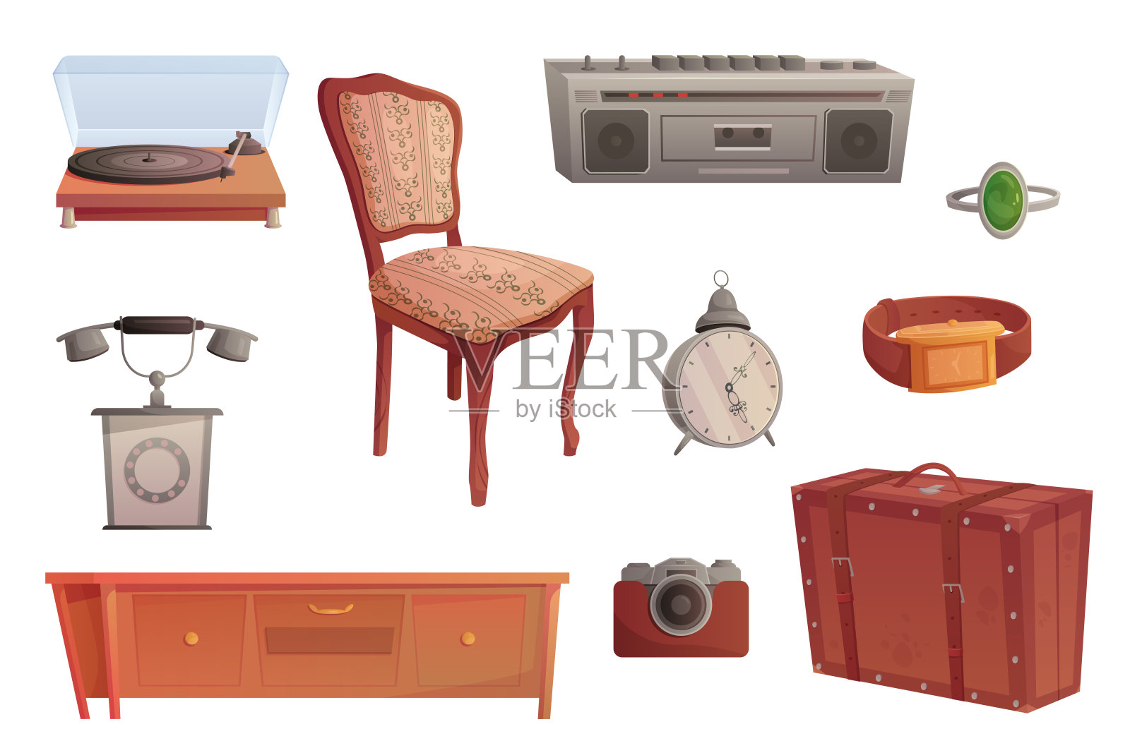 典当行物品套装，典当商办公桌，珠宝戒指和手表，电话插画图片素材