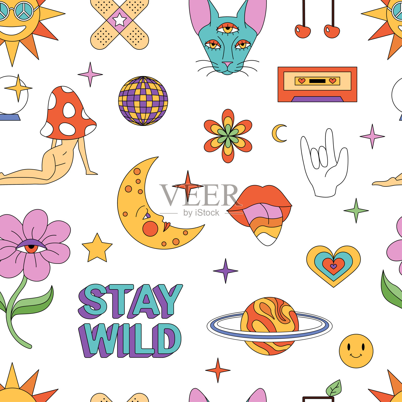 Groovy迷幻贴纸集在无缝图案，蘑菇和迪斯科球，樱桃的注意插画图片素材