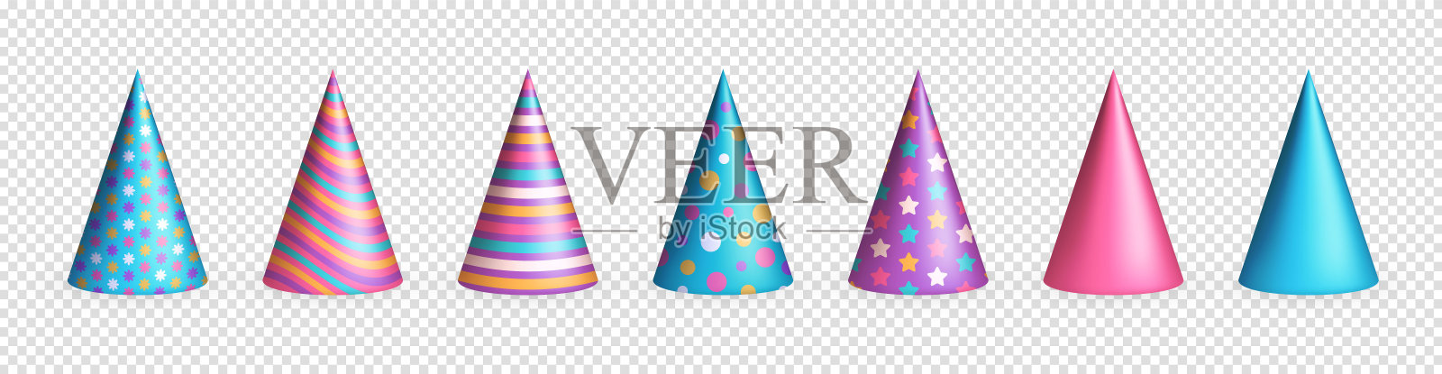 逼真的彩色派对帽子庆祝生日插画图片素材