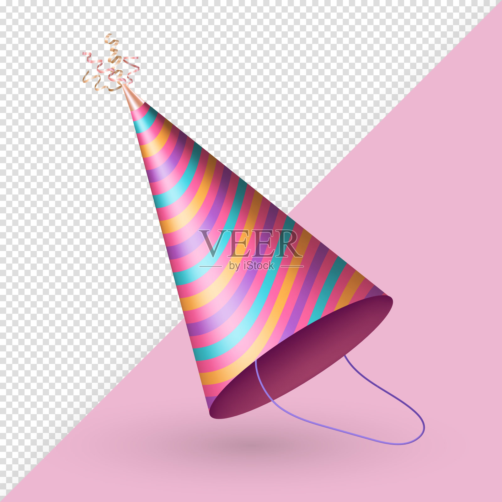 三维现实的条纹生日帽或聚会纸帽锥形插画图片素材