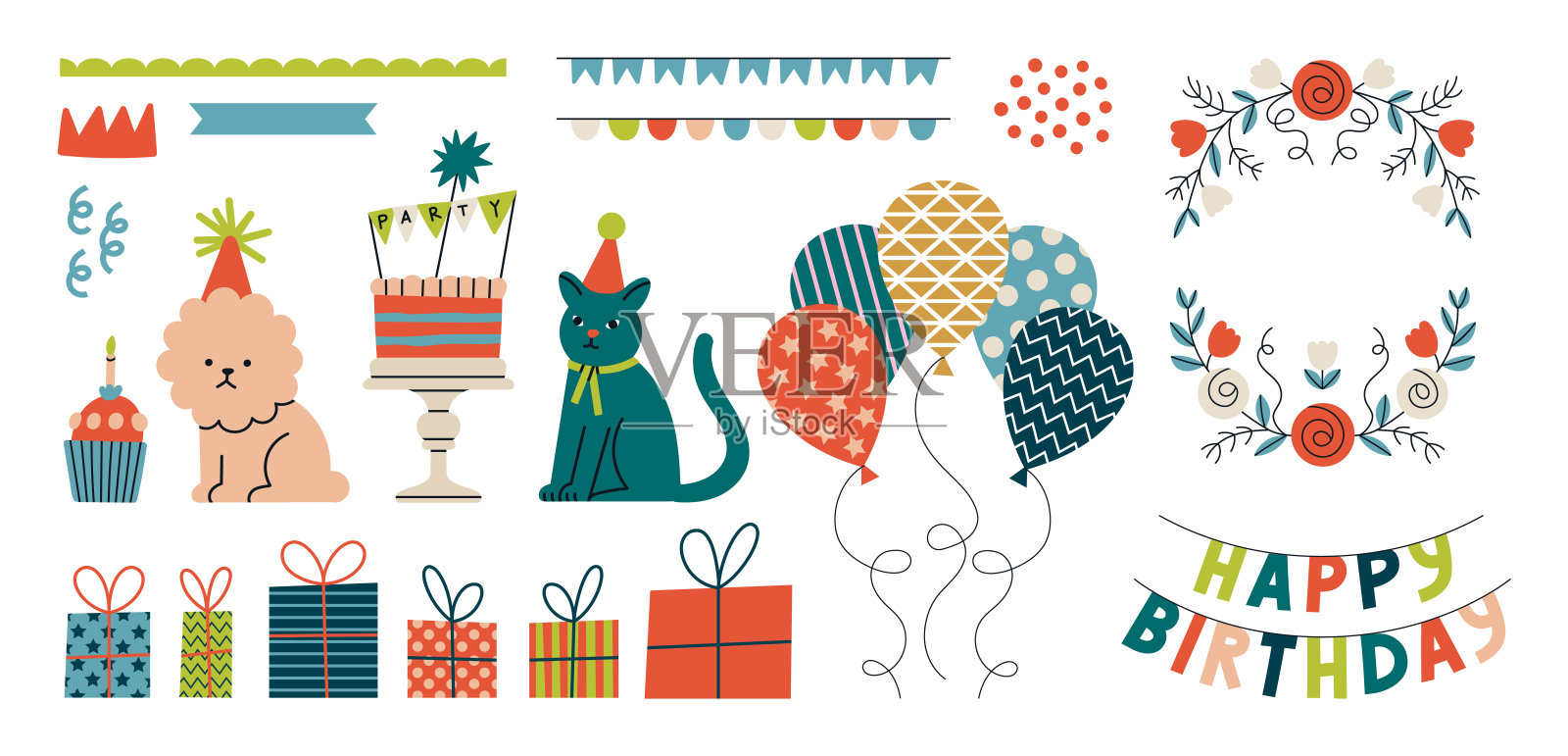 生日快乐组元素海报，邀请或贺卡设计。插画图片素材