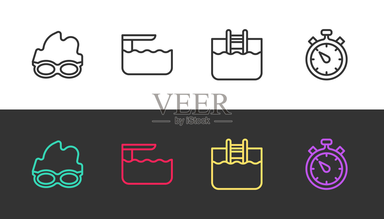 游泳眼镜，跳水板，跳板，带梯子的游泳池，黑白两色秒表。向量插画图片素材