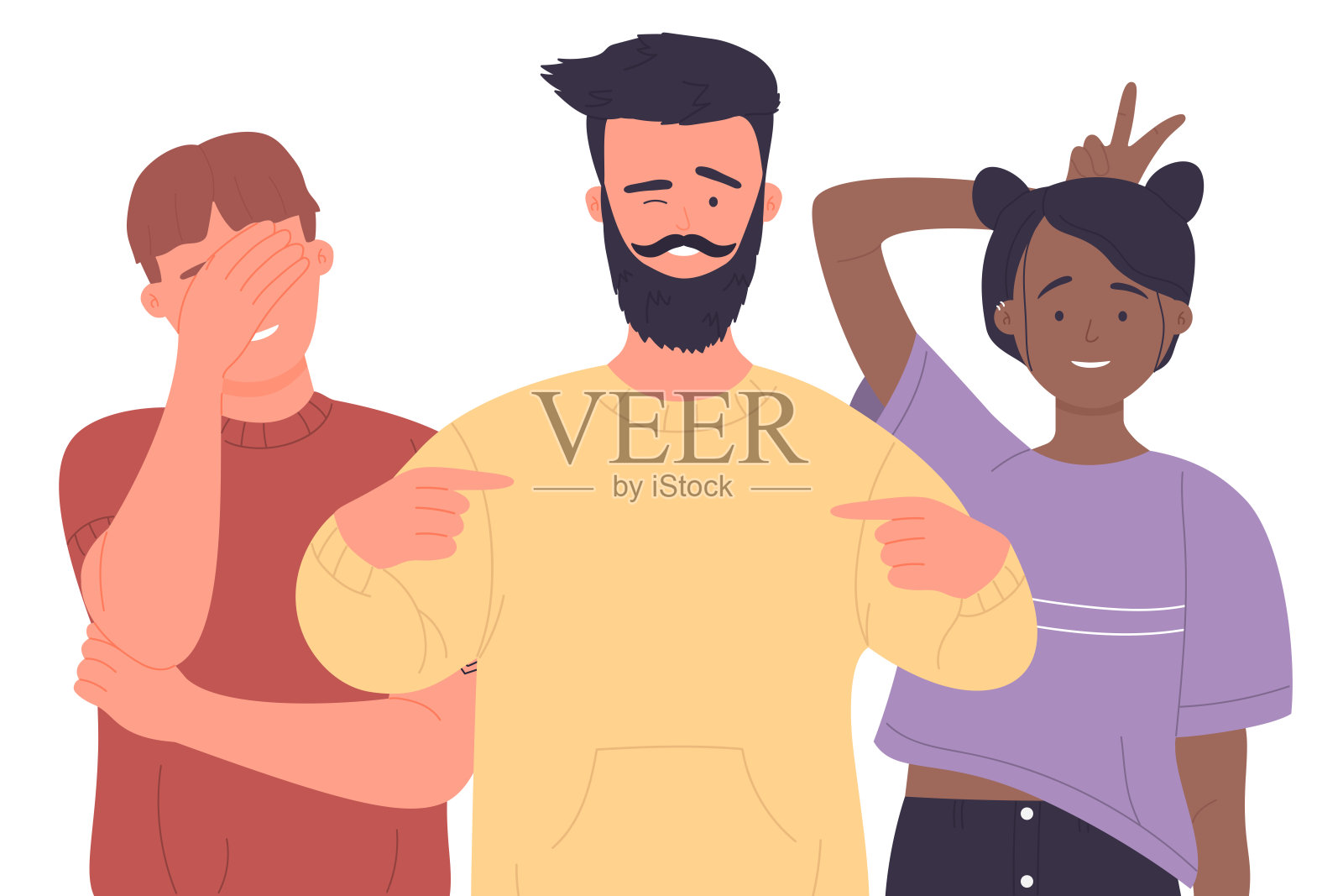 三个最好的朋友，男孩和女孩一起站在城市公园的笑话和乐趣的时间插画图片素材