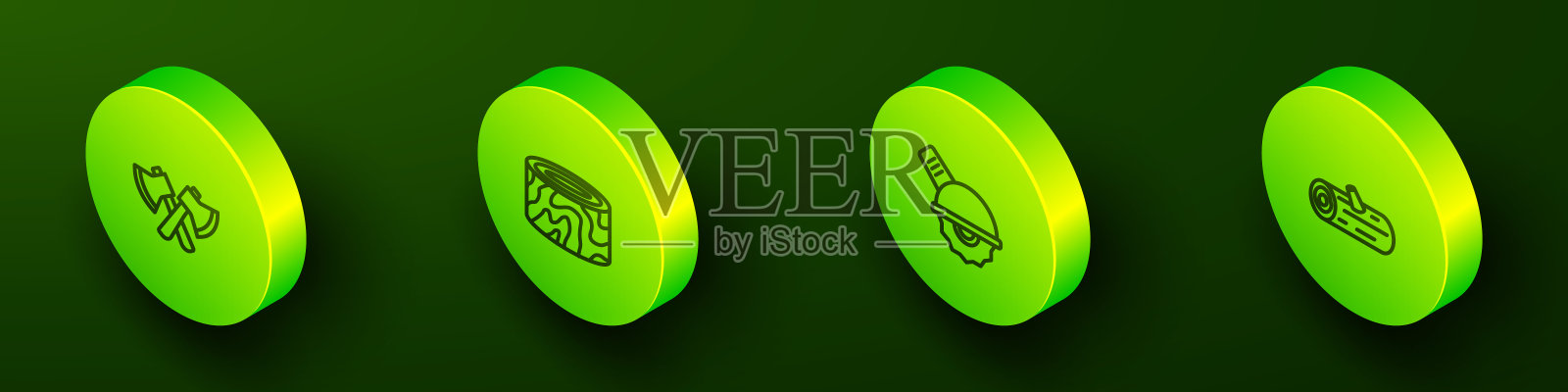 设定等距线木斧，树桩，电动圆锯和原木图标。向量插画图片素材