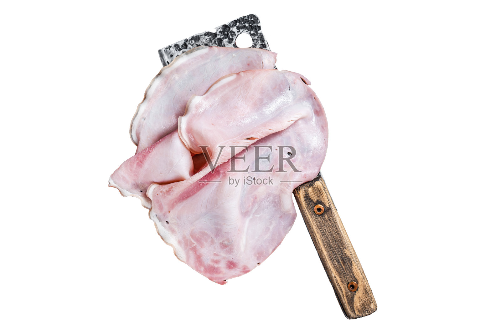 切成薄片的火腿熏火腿放在切肉刀上。孤立的白色背景，俯视图。照片摄影图片