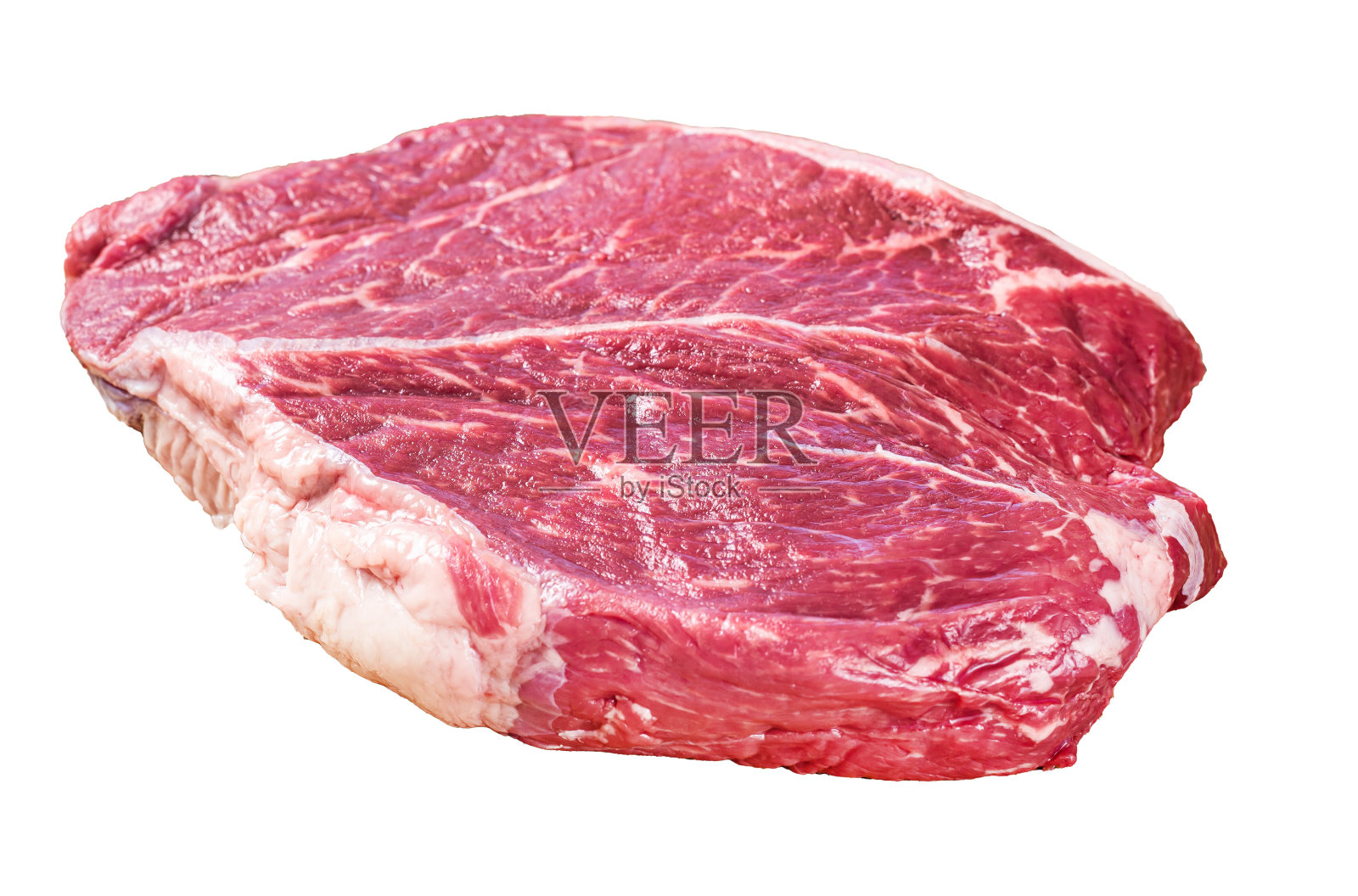 干熟生牛肉圆牛排切孤立的白色背景，俯视图。照片摄影图片