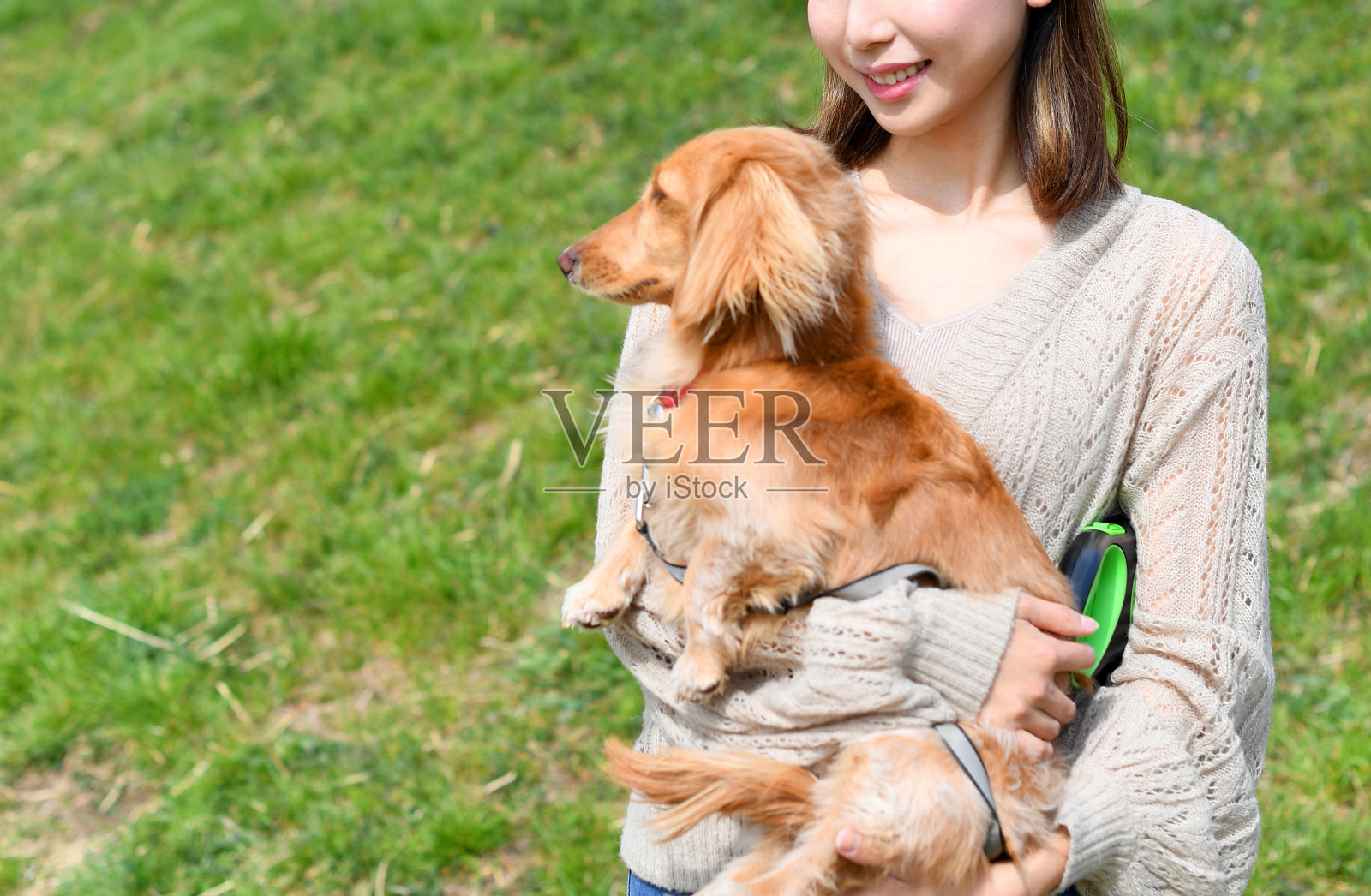 年轻的亚洲女主人在散步时抱着她的宠物腊肠犬照片摄影图片