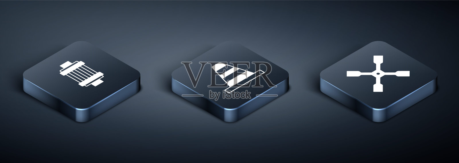 设置等距汽车空气过滤器，车轮扳手和交通锥图标。向量插画图片素材