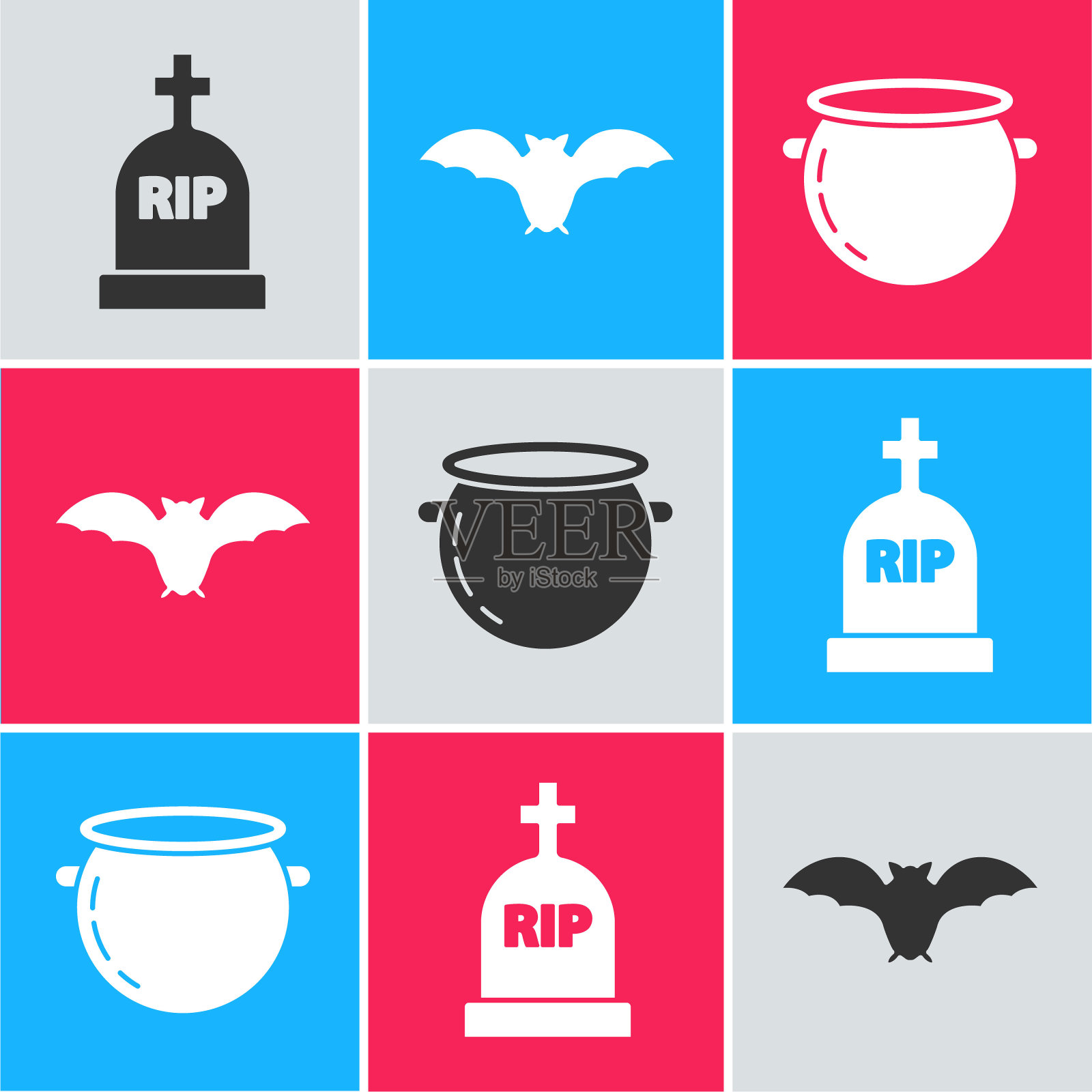 设置墓碑与RIP，飞行蝙蝠和万圣节女巫大锅图标。向量插画图片素材