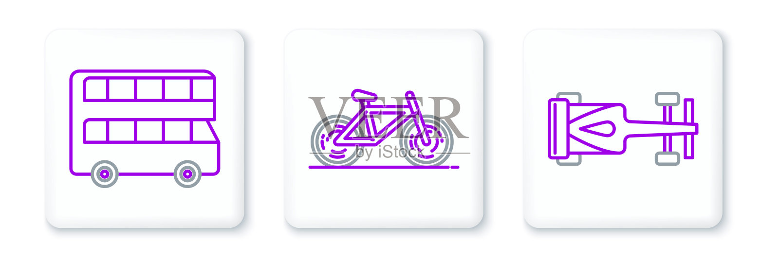 集线方程式赛车，双层巴士和自行车图标。向量插画图片素材