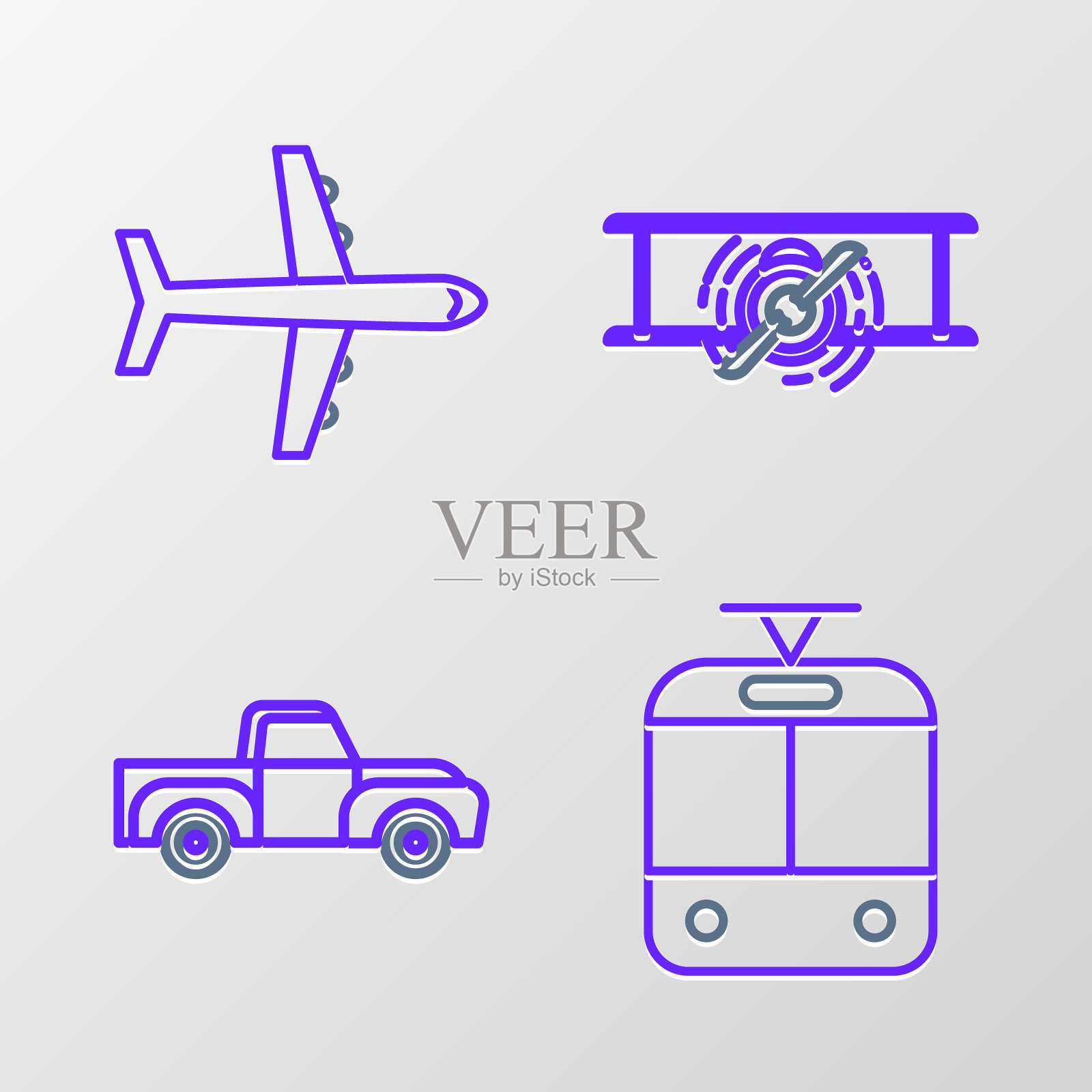 设置线有轨电车和铁路，皮卡车，老式复古飞机和飞机图标。向量插画图片素材