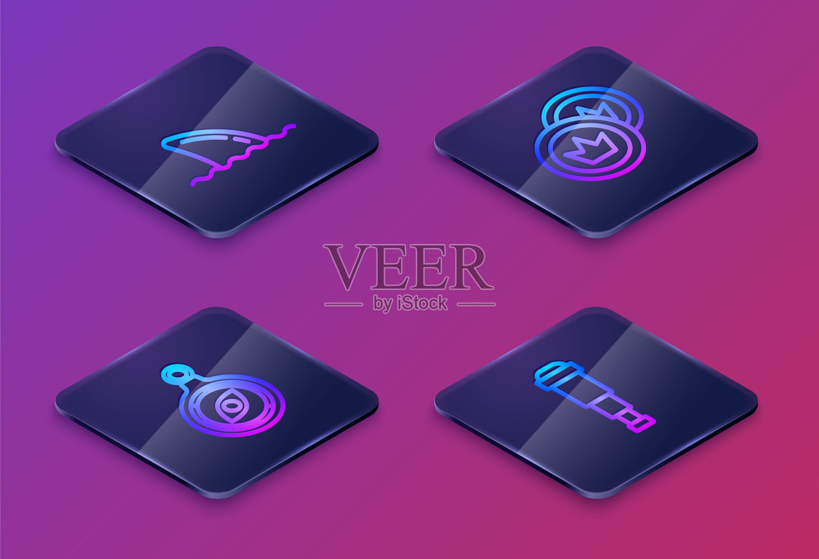 设置等距线鲨鱼鳍在海浪，指南针，海盗硬币和望远镜镜头。蓝色方形按钮。向量插画图片素材