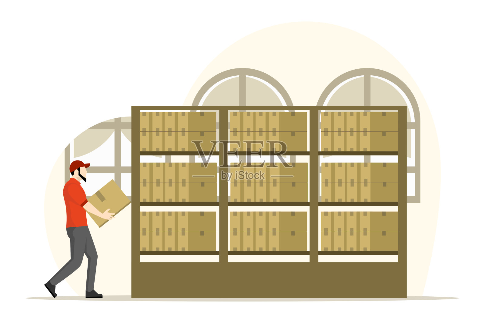 仓库工人搬运纸箱的概念。仓库工人把包装箱搬进仓库。在仓库工作。白色背景上的平面矢量插图。插画图片素材