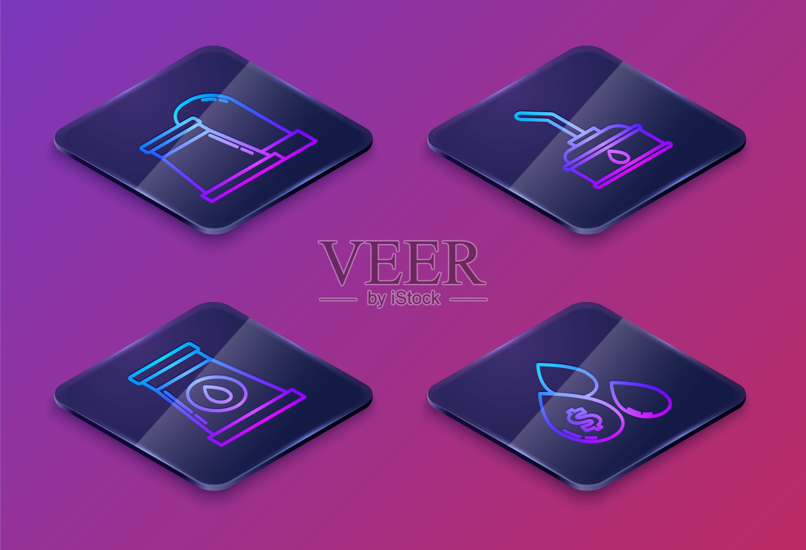 集等距线油气工业厂房，油气工业厂房，电机机油罐和有美元符号的油滴。蓝色方形按钮。向量插画图片素材