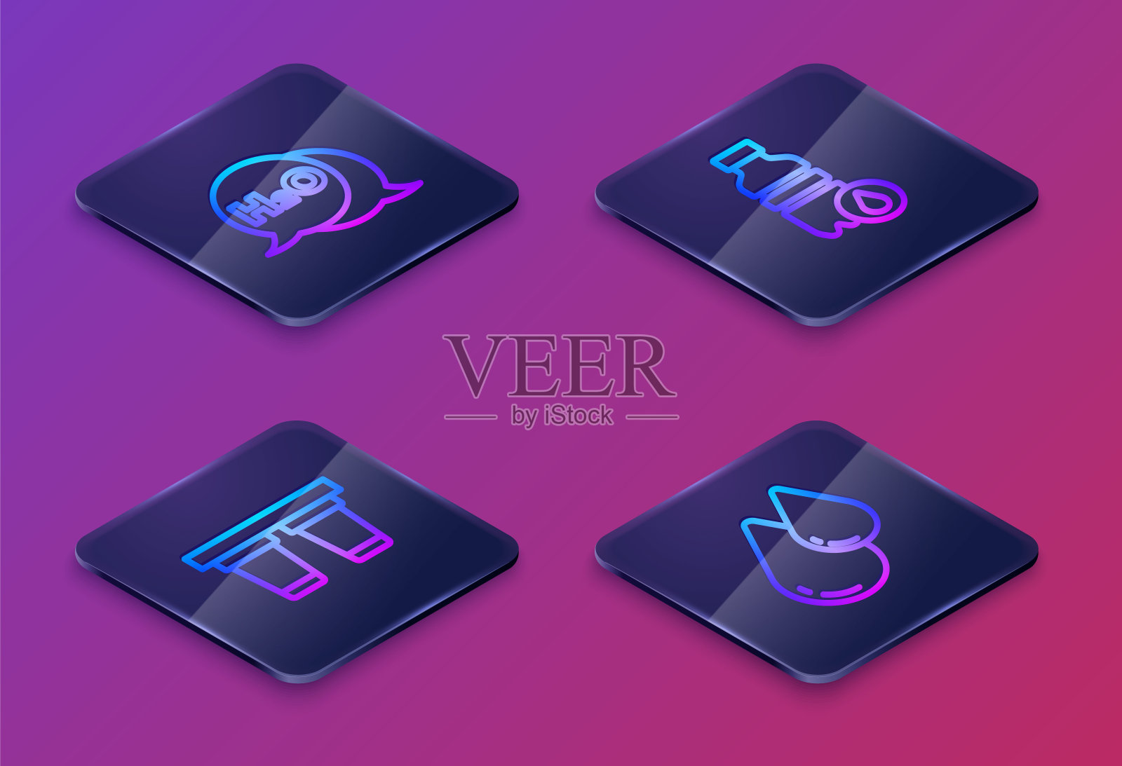 设定等距线H2O、滤水器、瓶装水、水滴的化学式。蓝色方形按钮。向量插画图片素材