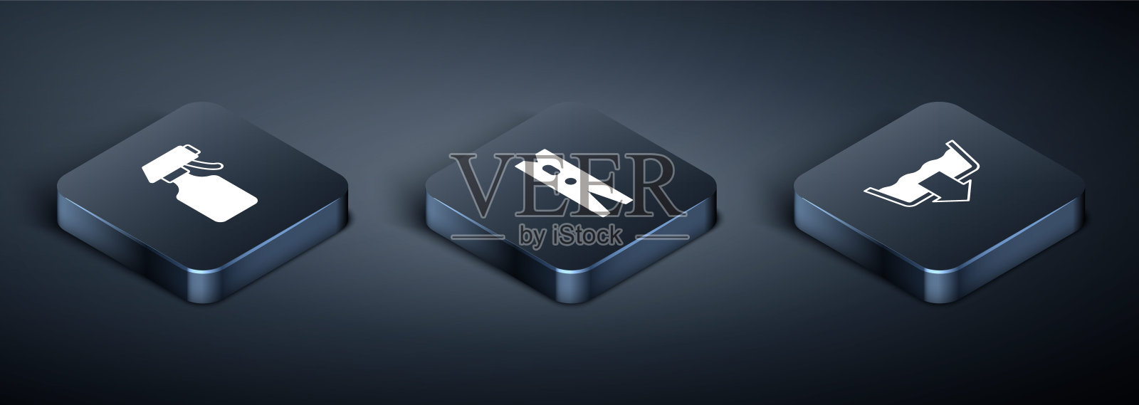 设置等距水喷瓶，洗涤模式和衣服别针图标。向量插画图片素材