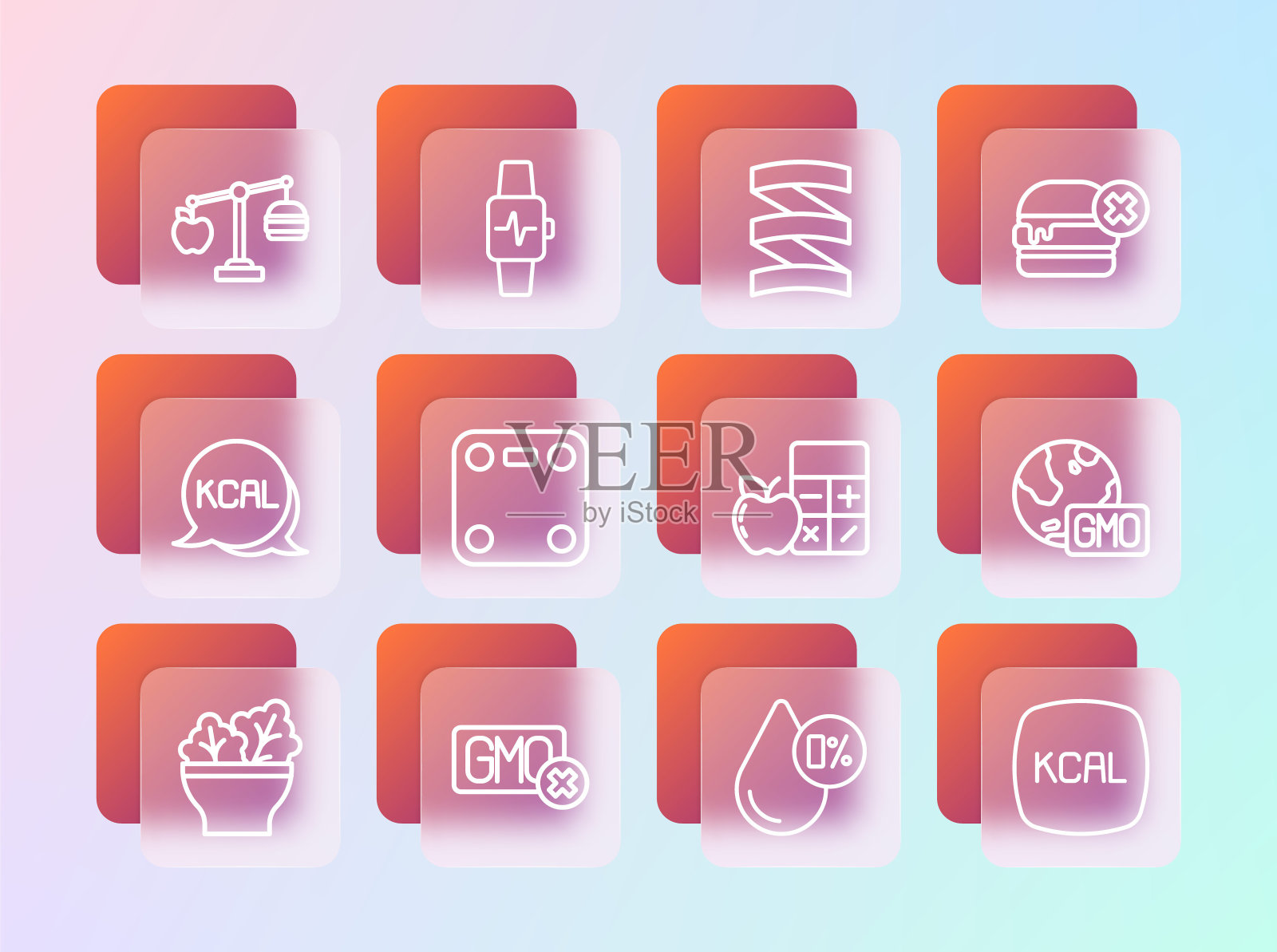 不吃汉堡，转基因食品，卡路里计算器，水平衡，浴室秤，运动营养蛋白，还有带心脏图标的智能手表。向量插画图片素材