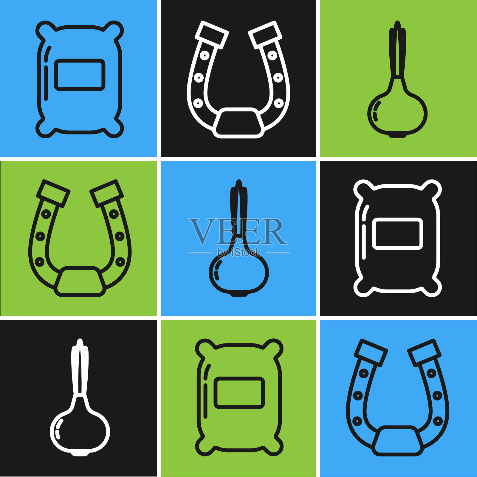 设置面粉袋，洋葱和马蹄铁图标。向量插画图片素材