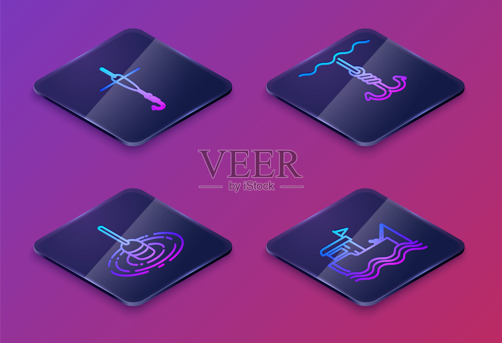 设等距线钓鱼钩和鱼漂，钓鱼漂在水中，钓鱼钩在水下，船带鱼竿在水中。蓝色方形按钮。向量插画图片素材