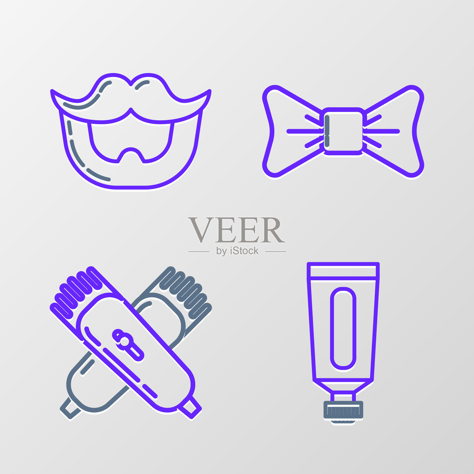 集线乳霜或乳液化妆品管，交叉电动剪发器，剃须刀，领结和胡子和胡须图标。向量插画图片素材