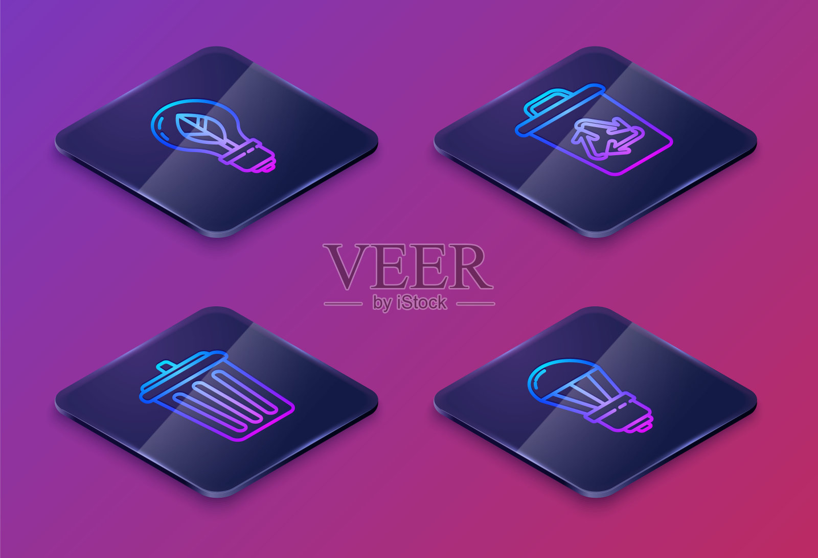 设等距线带叶片灯泡、垃圾桶、带回收标志的回收站、LED灯泡。蓝色方形按钮。向量插画图片素材