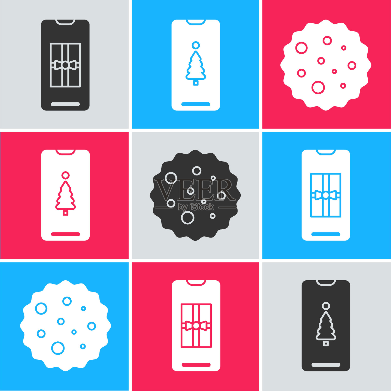 设置智能手机与礼盒，智能手机与礼盒和饼干或饼干巧克力图标。向量插画图片素材