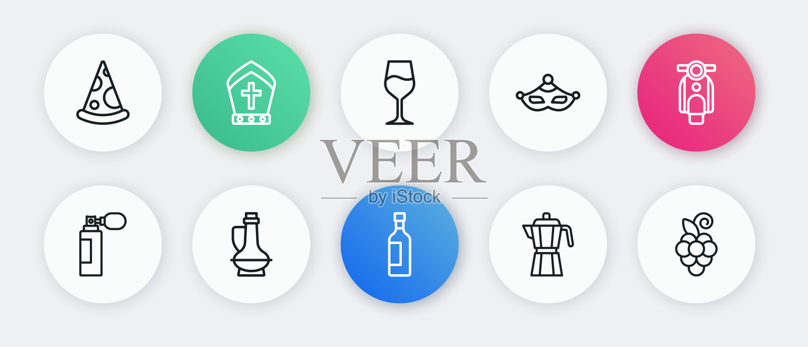 集线瓶葡萄酒，摩托车，香水，咖啡机摩卡壶，嘉年华面具，酒杯，葡萄水果和橄榄油图标。向量插画图片素材