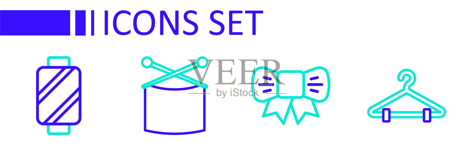 集线衣架衣柜，礼物弓，编织针和缝纫线线轴图标。向量插画图片素材