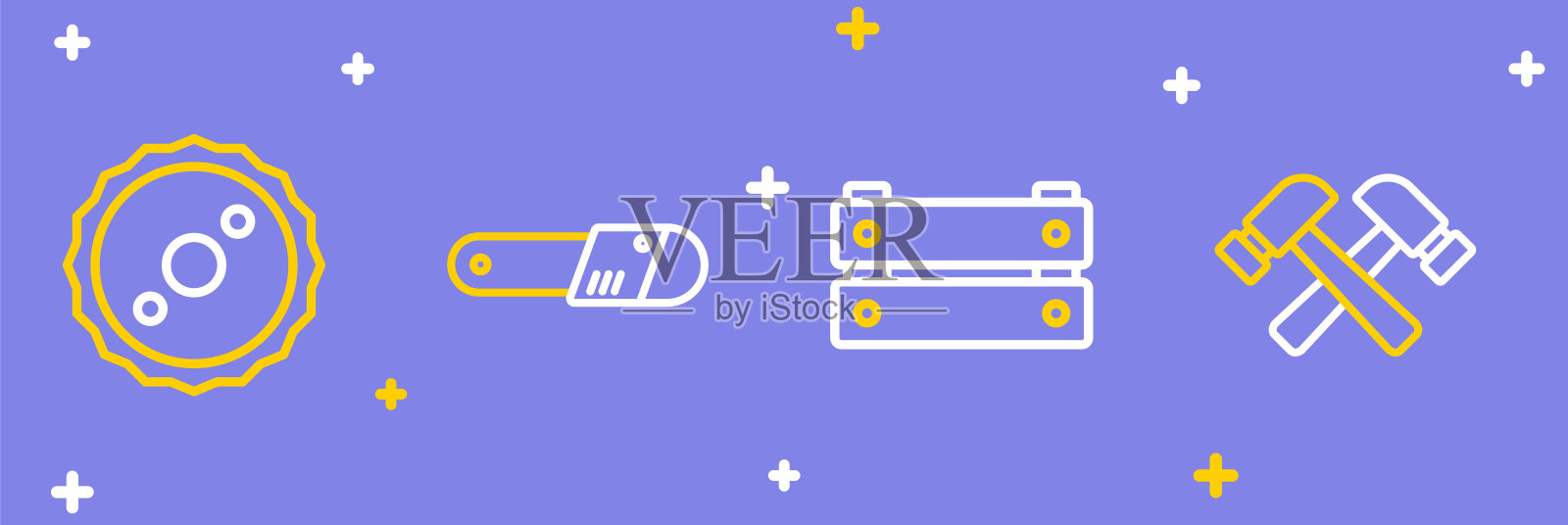 设置线交叉锤，木箱，电锯和圆形刀片图标。向量插画图片素材